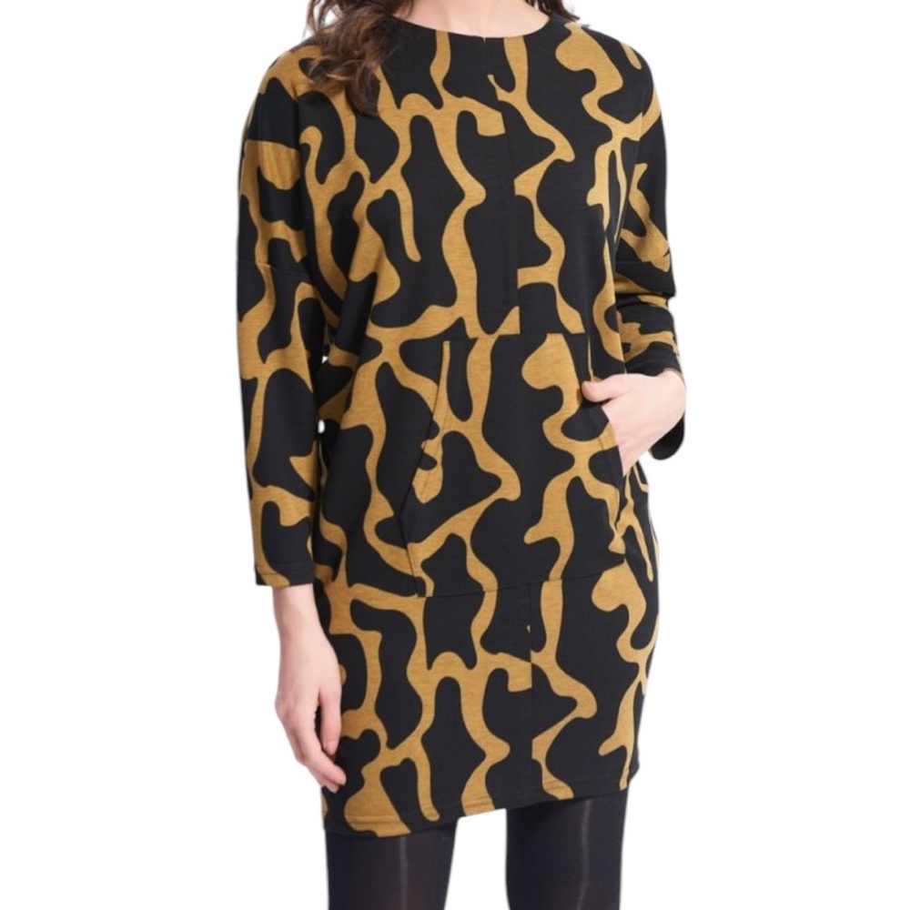 Joseph Ribkoff NWOT Abstract Animal Print Dress Black Mustard Dolman Sleeve Sz 8
